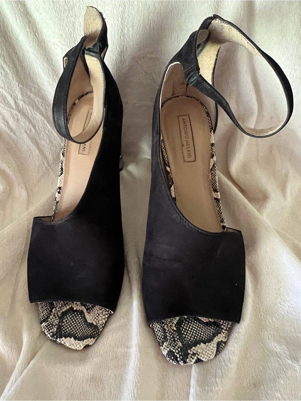ANTONIO MELANI Black Suede Open-Toe Sandals with Snake-Print Insole